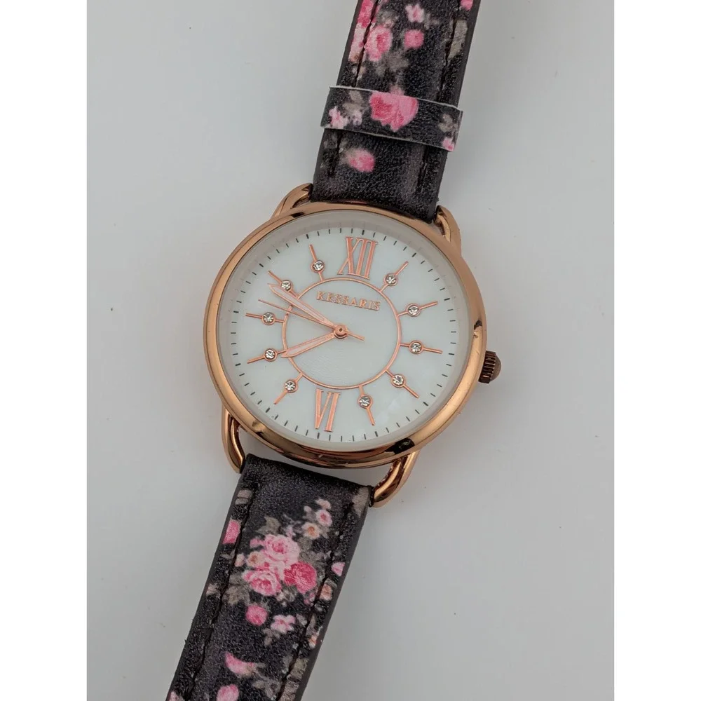 Kessaris Watch Women 33mm Rose Gold Case MOP Dial Floral‎ Band- New Battery